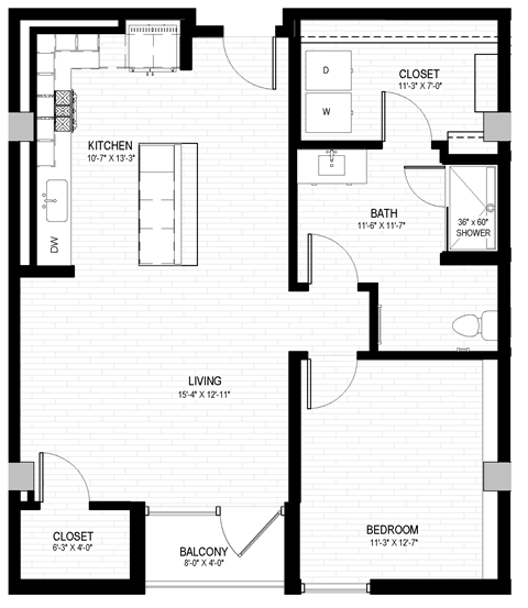 Floor plan for 1 bed, 1 bath, 866 sqft
